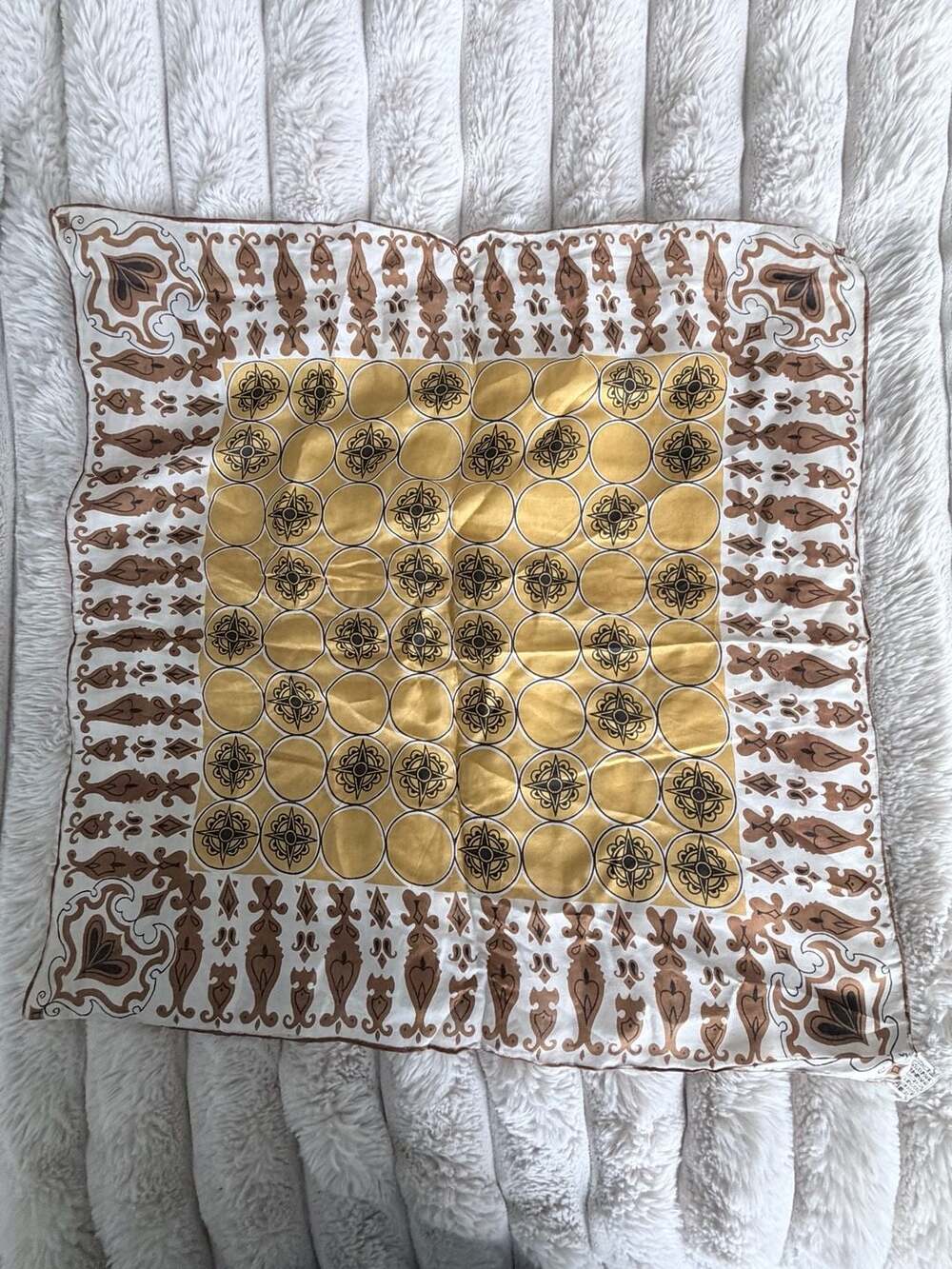 Vintage Bershire Silk Blend Hand Rolled Scarf Made in Japan 17" Geometric Gold B